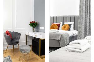 two pictures of a bedroom with a bed and a chair at HOUSEHOST Apartment: Św.Gertrudy 10/2.11 in Krakow