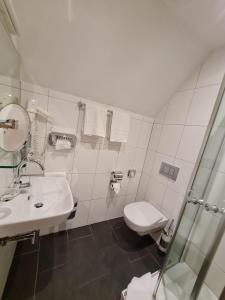 a white bathroom with a toilet and a sink at Gasthaus zum Kranz in Lörrach