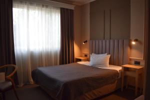 a hotel room with a bed and a window at Vila Camino in Satu Mare