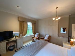 a bedroom with a bed and a desk and a tv at Golborne Manor Bed and Breakfast in Chester