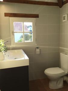 a bathroom with a toilet and a sink and a window at Les bourrines du marais, Le bourrineau in Sallertaine