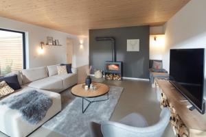 a living room with a couch and a fireplace at Chalet 48 in Mayen