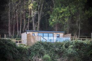 a small house with a blue door in a forest at The Caswell Bay Hide Out - 1 Bed Cabin - Landimore in Gowerton