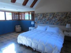 um quarto com uma cama grande e paredes azuis em CASA VILLA LOS SAUCES em Luján de Cuyo