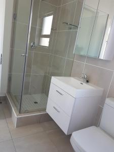 a bathroom with a shower and a sink and a toilet at Lovely, Modern, Contemporary 1 Bedroom Apartment. in Sandton