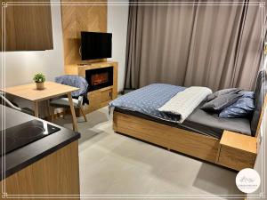 Schlafzimmer mit einem Bett, einem TV und einem Tisch in der Unterkunft Górska Enklawa in Kościelisko