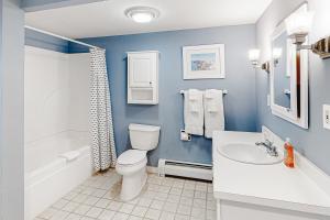 a blue bathroom with a toilet and a sink at Kingswood Mountainside Retreat in White River Junction +17 photos