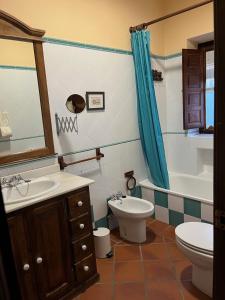 ein Bad mit einem Waschbecken, einem WC und einer Dusche in der Unterkunft Casa Rural "El Carrasca" in El Carrascalejo