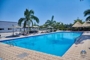 a large swimming pool with palm trees and umbrellas at Mika Convention Center in Lusaka