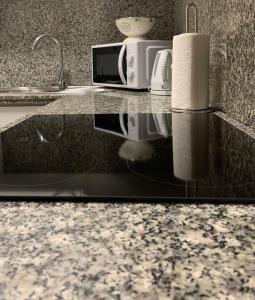 a kitchen counter with a microwave and paper towels at Plaza Ayuntamiento Apartment in Valencia
