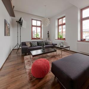 ein Wohnzimmer mit einem Sofa und einem Tisch in der Unterkunft Apartament ST1 in Cieszyn