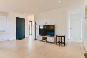 een woonkamer met een flatscreen-tv aan de muur bij Villa Terrasse et Piscine à l'entrée de Porticcio in Cauro