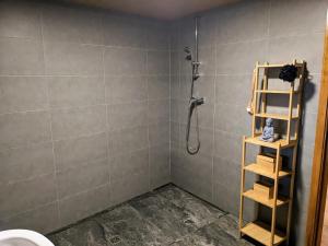 a bathroom with a shower and a shelf at Casa Canela apartment and pool. in Serpins