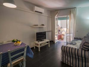 a living room with a couch and a tv and a table at Sciacchetrà Ground Floor Apartment with AC in Monterosso al Mare