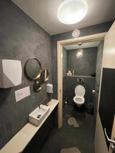 a bathroom with a toilet and a sink at Thuis bij Schell in Rotterdam