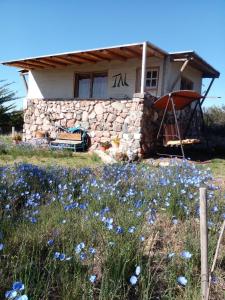 een stenen huis met blauwe bloemen ervoor bij Casa Tai - La Crucecita in Godoy Cruz