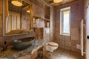 a bathroom with a stone sink and a toilet at Central Bled House in Bled