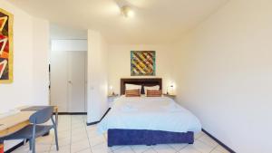 谢尔Spacious studio in a nice area in Sierre的一间卧室，配有一张床、一张桌子和一张书桌