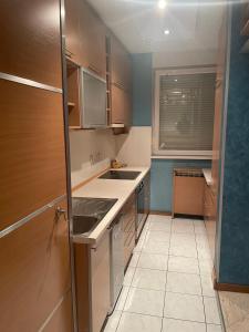 a kitchen with a sink and a stove top oven at Nebo in Novi Beograd