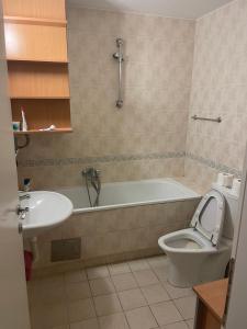 a bathroom with a tub and a toilet and a sink at Nebo in Novi Beograd