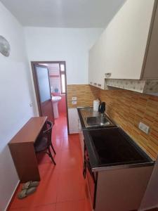 een kleine keuken met een wastafel en een aanrecht bij Aunt's Place in Shkodër +10 foto's