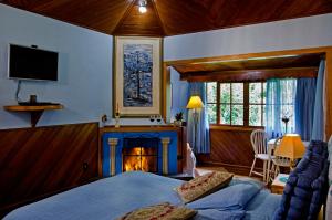 a bedroom with a bed and a fire place at Hotel Bühler in Visconde De Maua