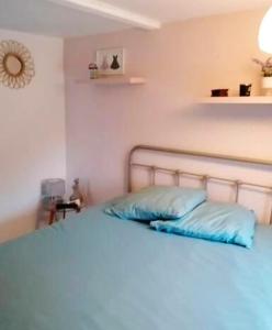 um quarto com uma cama com duas almofadas azuis em Maison de 2 chambres avec jardin amenage et wifi a Poitiers em Poitiers