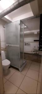 a bathroom with a toilet and a shower stall at Accommodation for working team or big family in Odense
