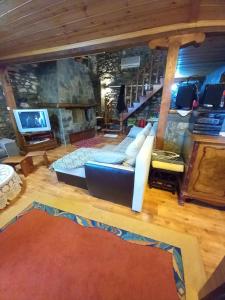 a living room with a couch and a fireplace at Loutra Mountain Nature in Aridaia