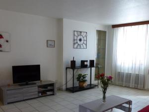 a living room with a flat screen tv and a table at Gîte Moulins, 2 pièces, 2 personnes - FR-1-489-162 in Moulins