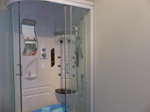 a shower with a glass door in a bathroom at Gîte Arfeuilles, 5 pièces, 11 personnes - FR-1-489-280 in Arfeuilles