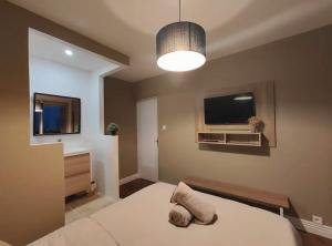 um quarto com uma cama, uma televisão e um candeeiro em Chez Julien & Mathieu em Valras-Plage