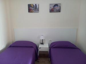 two beds in a room with purple sheets at apartamentos la villa in San Sebastián de la Gomera
