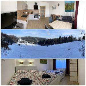 a collage of two pictures of a bedroom with a snow covered at Apartmán - Dovolená Žacléř in Žacléř
