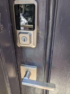 a close up of a door with a handle at Peaceful 2 Bedroom Cabin Perfect for Families in Running Springs