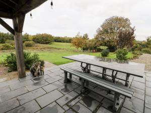 uma mesa de piquenique e um gato sentado num pátio em Cae Du em Llanfairpwllgwyngyll