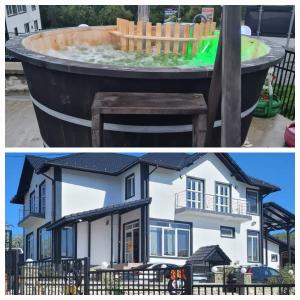 two pictures of a house with a hot tub at Casa dintre munti in Novaci-Străini
