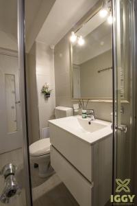 bagno con lavandino, servizi igienici e specchio di Iggy Luxury Apartment a Hunedoara