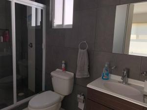 a bathroom with a toilet and a sink and a mirror at Departamento completo y equipado con 2 habitaciones in León +8 photos