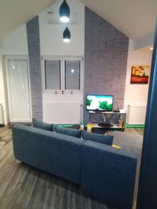ein Wohnzimmer mit einem blauen Sofa und einem TV in der Unterkunft House For Rest in Belgrad