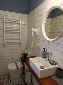 a bathroom with a sink and a toilet and a mirror at Pension Boutique Doña Urraca in Burgos