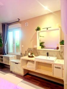 uma casa de banho com um lavatório e um espelho em Studio Spa Vanadis LE BALNEO em Pacy-sur-Eure