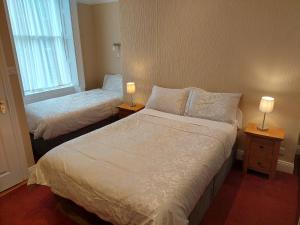 a bedroom with two beds and two lamps on tables at Parkway Guesthouse in Dublin