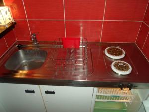- un comptoir de cuisine avec un évier et 2 assiettes de nourriture dans l'établissement Studio Balaruc-les-Bains, 1 pièce, 2 personnes - FR-1-503-107, à Balaruc-les-Bains