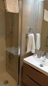 a bathroom with a shower and a sink at Nuevo departamento con estacionamiento y a pasos del centro de Puerto Varas in Puerto Varas