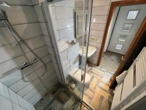 a bathroom with a shower and a toilet at Apartments Hradný Mur in Bojnice