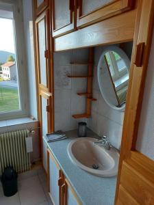 łazienka z umywalką i lustrem w obiekcie Bel appartement dans une ferme Vosgienne w mieście Xonrupt-Longemer