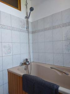a bathroom with a bath tub with a shower at Bel appartement dans une ferme Vosgienne in Xonrupt-Longemer