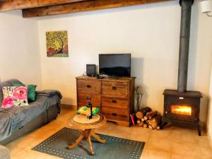 a living room with a couch and a wood stove at Casa Lerryn in Sertã