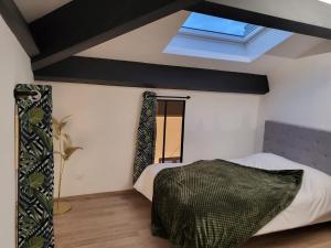 1 dormitorio con 1 cama y tragaluz en Porticus saunarie en Malaucène